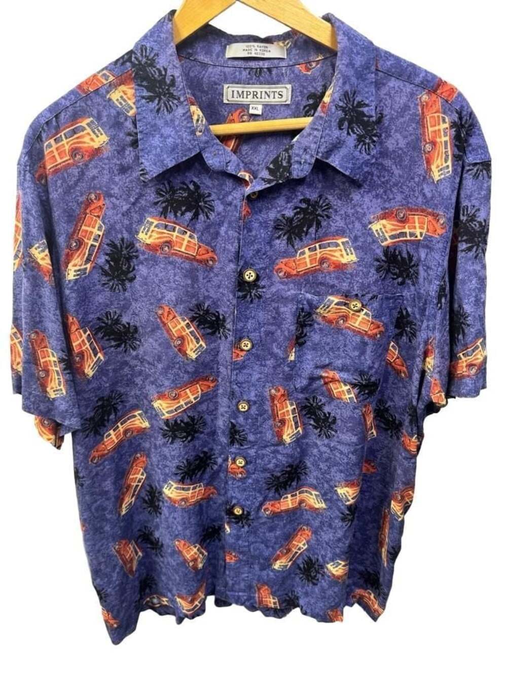 Imprints Vintage 100% Rayon Woody Wagon Palm Tree Hawaiian Shirt Size XXL